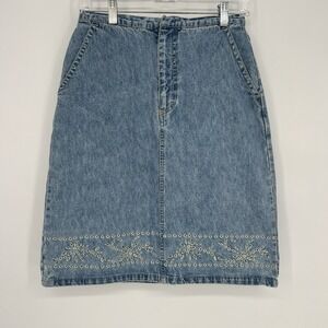 Gloria Vanderbilt Denim Skirt Eyelet Floral Embroidery Boho Cottagecore Size 6